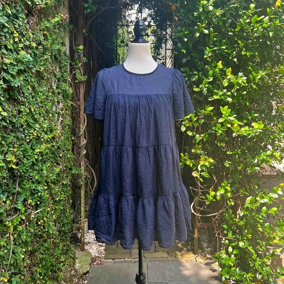 FRANCESCA’S Mi Ami Navy Babydoll Tiered Ruffled Lined Mini Dress Size S Boho - Picture 4 of 14